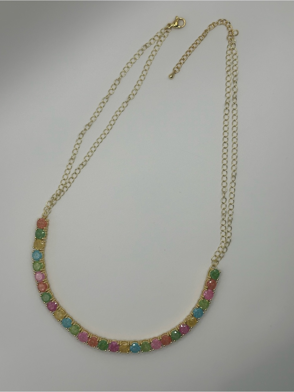 Gold Plated Candy Chain Necklace with Pastel Pink, Green, Blue and Yellow Stones